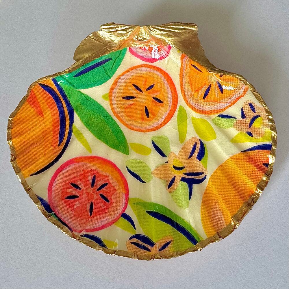 Tropical Fruit Trinket Dish | Scallop Shell Jewelry Dish | Coastal Decor - Picture 2 of 6